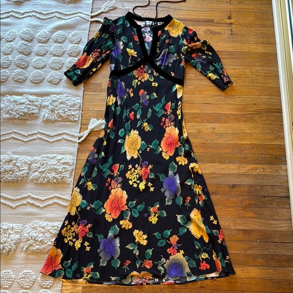 RIXO Black Floral Print Midi Dress Size S - Picture 1 of 7